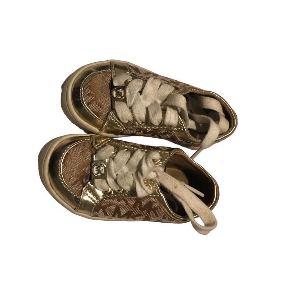 Michael Kors Toddler Girls Shoes Sneakers Gold Tan Mk Signature Logo Size 5